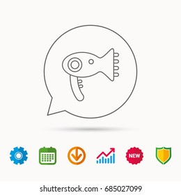 Hairdryer icon. Electronic blowdryer sign. Hairdresser equipment symbol. Calendar, Graph chart and Cogwheel signs. Download and Shield web icons. Vector