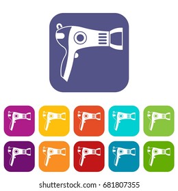 Hairdryer icons set vector illustration in flat style in colors red, blue, green, and other