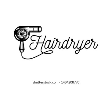 Hairdryer logotype in script lettering with hair dryer illustration