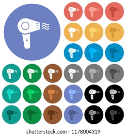 Hairdryer multi colored flat icons on round backgrounds. Included white, light and dark icon variations for hover and active status effects, and bonus shades.