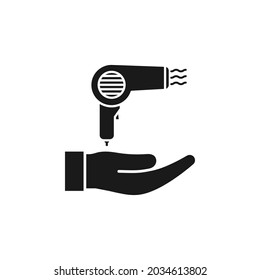 Hairdryer on hand icon flat style isolated on white background. Vector illustration