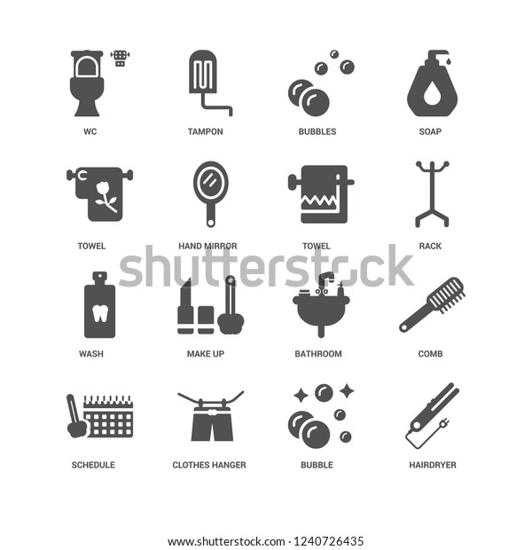 Hairdryer, Rack, Towel,\
Schedule, Comb, Wc, Wash, Bubble, Clothes hanger, Bubbles icon 16\
set EPS 10 vector format. Icons optimized for both large and small\
resolutions.