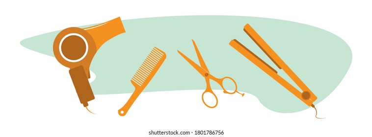 Hairdryer, scissors, comb and hair straightener, set for hairdresser.