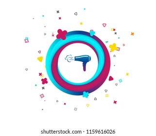 Hairdryer sign icon. Hair drying symbol. Blowing hot air. Turn on. Colorful button with icon. Geometric elements. Vector