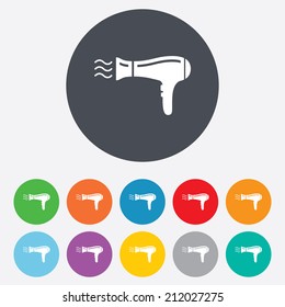 Hairdryer Sign Icon. Hair Drying Symbol. Blowing Hot Air. Turn On. Round Colourful 11 Buttons. Vector