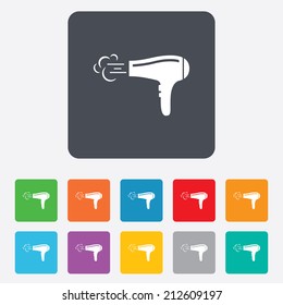 Hairdryer sign icon. Hair drying symbol. Blowing hot air. Turn on. Rounded squares 11 buttons. Vector