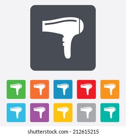 Hairdryer sign icon. Hair drying symbol. Rounded squares 11 buttons. Vector