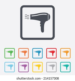 Hairdryer sign icon. Hair drying symbol. Blowing hot air. Turn on. Round squares buttons with frame. Vector