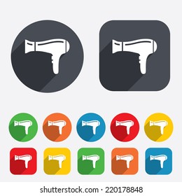 Hairdryer sign icon. Hair drying symbol. Circles and rounded squares 12 buttons. Vector