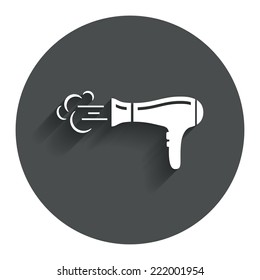 Hairdryer sign icon. Hair drying symbol. Blowing hot air. Turn on. Circle flat button with shadow. Modern UI website navigation. Vector