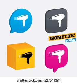 Hairdryer sign icon. Hair drying symbol. Blowing hot air. Turn on. Isometric speech bubbles and cube. Rotated icons with edges. Vector