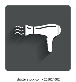 Hairdryer Sign Icon. Hair Drying Symbol. Blowing Hot Air. Turn On. Gray Flat Square Button With Shadow. Modern UI Website Navigation. Vector