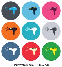 Hairdryer sign icon. Hair drying symbol. Blowing hot air. Turn on. Colored round buttons. Flat design circle icons set. Vector