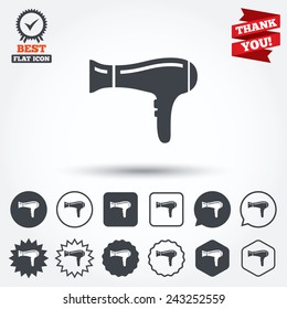 Hairdryer sign icon. Hair drying symbol. Circle, star, speech bubble and square buttons. Award medal with check mark. Thank you ribbon. Vector