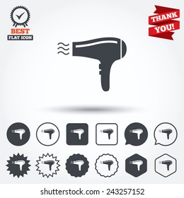 Hairdryer sign icon. Hair drying symbol. Blowing hot air. Turn on. Circle, star, speech bubble and square buttons. Award medal with check mark. Thank you ribbon. Vector