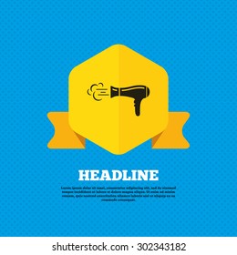 Hairdryer sign icon. Hair drying symbol. Blowing hot air. Turn on. Yellow label tag. Circles seamless pattern on back. Vector