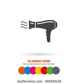 Hairdryer sign icon. Hair drying symbol. Blowing hot air. Turn on. Classic flat icon. Colored circles. Vector