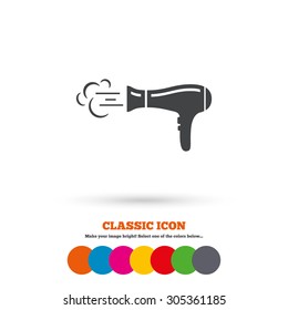 Hairdryer sign icon. Hair drying symbol. Blowing hot air. Turn on. Classic flat icon. Colored circles. Vector
