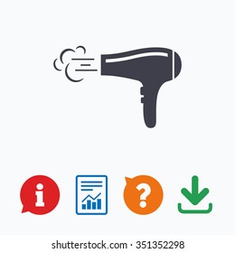 Hairdryer sign icon. Hair drying symbol. Blowing hot air. Turn on. Information think bubble, question mark, download and report.