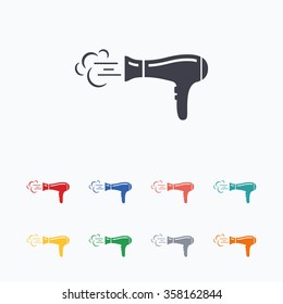 Hairdryer Sign Icon. Hair Drying Symbol. Blowing Hot Air. Turn On. Colored Flat Icons On White Background.