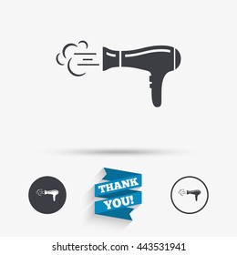 Hairdryer Sign Icon. Hair Drying Symbol. Blowing Hot Air. Turn On. Flat Icons. Buttons With Icons. Thank You Ribbon. Vector