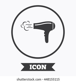 Hairdryer sign icon. Hair drying symbol. Blowing hot air. Turn on. Graphic design element. Flat symbol in circle button. Vector