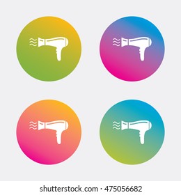 Hairdryer sign icon. Hair drying symbol. Blowing hot air. Turn on. Gradient flat buttons with icon. Modern design. Vector