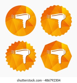 Hairdryer sign icon. Hair drying symbol. Blowing hot air. Turn on. Triangular low poly buttons with flat icon. Vector