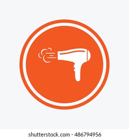 Hairdryer sign icon. Hair drying symbol. Blowing hot air. Turn on. Graphic design element. Flat hairdryer symbol on the round button. Vector