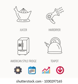 Hair-dryer, teapot and juicer icons. Refrigerator fridge linear sign. Calendar, Graph chart and Cogwheel signs. Download colored web icon. Vector