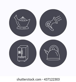 Hair-dryer, teapot and juicer icons. Refrigerator fridge linear sign. Flat icons in circle buttons on white background. Vector