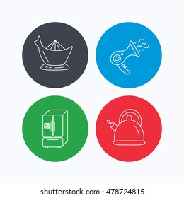 Hair-dryer, teapot and juicer icons. Refrigerator fridge linear sign. Linear icons on colored buttons. Flat web symbols. Vector