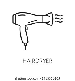 Hairdryer vector thin line icon, hotel service equipment. Vector outline dryer hotel service appliance, electric blower for hair care