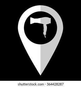 Hairdryer - white vector icon;  map pointer