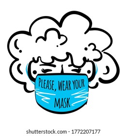 Сurly haired character in medical mask. No entry without face mask. Passage only in mask, without mask entry is prohibited. Advertisement for prevention coronavirus. Stock vector illustration.