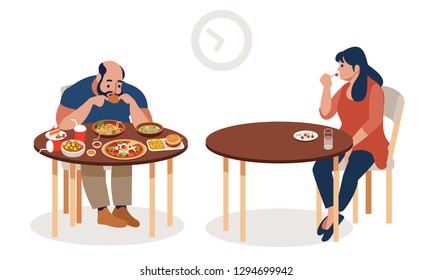 Hairless fat man with different delicious meals against fitness girl with cherry and water. Weight loss concept. Colorful vector illustration in flat cartoon style.