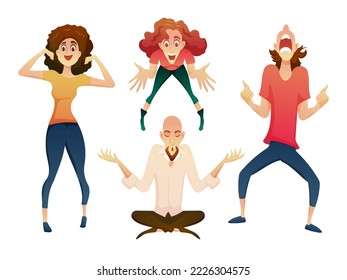 The Hairless Man Sat With His Eyes Closed Meditating Among The Many Women And Various Emotionally, Excited, Delighted, Shouting In Cartoon Character, Vector Illustration.