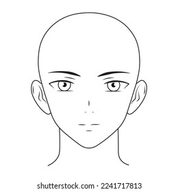 Hairless manga style human head, vector base for character design, anime face coustructor. Outlines on white background