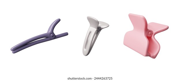 Hairpin 3D style icon set. Cartoon hair accessories. Hair-clip, hairgrip or barrette hairdresser equipment. Barber salon tools. Vector realistic render girlish hairstyle illustration isolated on white