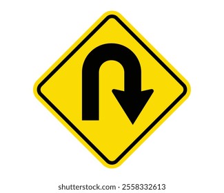 Hairpin Curve Ahead Warning Sign Featuring a Yellow Diamond Shape with Black U-Turn Arrow, Indicating a Sharp Hairpin Curve, Available as a Vector File