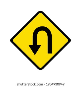 Hairpin Curve To Left Sign Vector, Yellow Background.