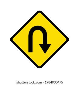 Hairpin Curve To Right Sign Vector, Yellow Background.