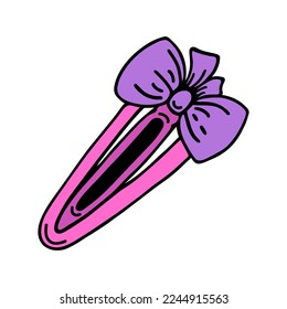 Hairpin vector icon. Hand drawn simple colored doodle isolated on white. Pink hair accessory with a beautiful bow. Stylish decoration for creating a hairstyle. Flat cartoon clipart for cards, prints