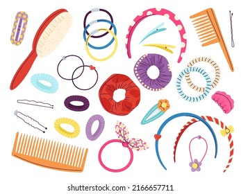 Hairpins set. Barrettes hairpin, stylist hairdressing accessories. Fashion girl hair clip pins, hairdresser plastic barrette and headband decent vector set