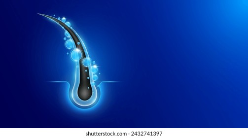 Hairs with bubbles surrounding. Hair care too vitamins minerals collagen. Follicles from brittleness, damage make soft and shiny. Shampoo and salon treatment ads. Empty space for text. Vector.