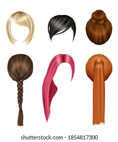 Hairs women. Glamour beauty girls short and long hairs blonde brunette red vector realistic set