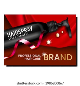 Hairspray Bottle Creative Promotion Banner Vector. Professional Hair Care Hairspray Blank Package With Pump, Drop And Ribbon On Advertising Poster. Hairdresser Gel Style Concept Template Illustration