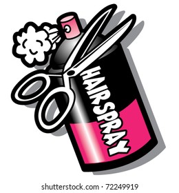 Hairspray bottle and scissors, tools that a hairstylist, hairdresser, beautician or boutique owner might use.