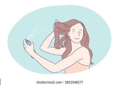 Hairspray, styling, haircare, hairdressing, hair cosmetics concept. Young pretty smiling brunette woman cartoon character with long hair using hair spray cosmetics for hairstyle or elegant dressing 