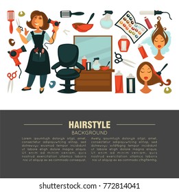 Hairstyle advertisement banner with stylist and work equipment